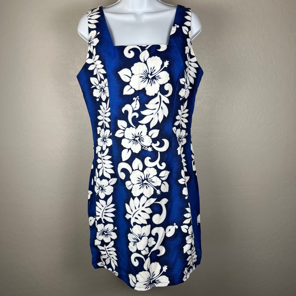 VTG Royal Creations Hawaiian Dress XL Blue White Floral Sleeveless Made‎ Hawaii